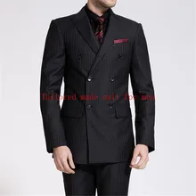 Горячая распродажа! Костюм в полоску на заказ, двубортный, темно-серый, черный, Лучший мужской костюм для свадебной вечеринки, для жениха(пиджак+ брюки+ жилет+ галстук