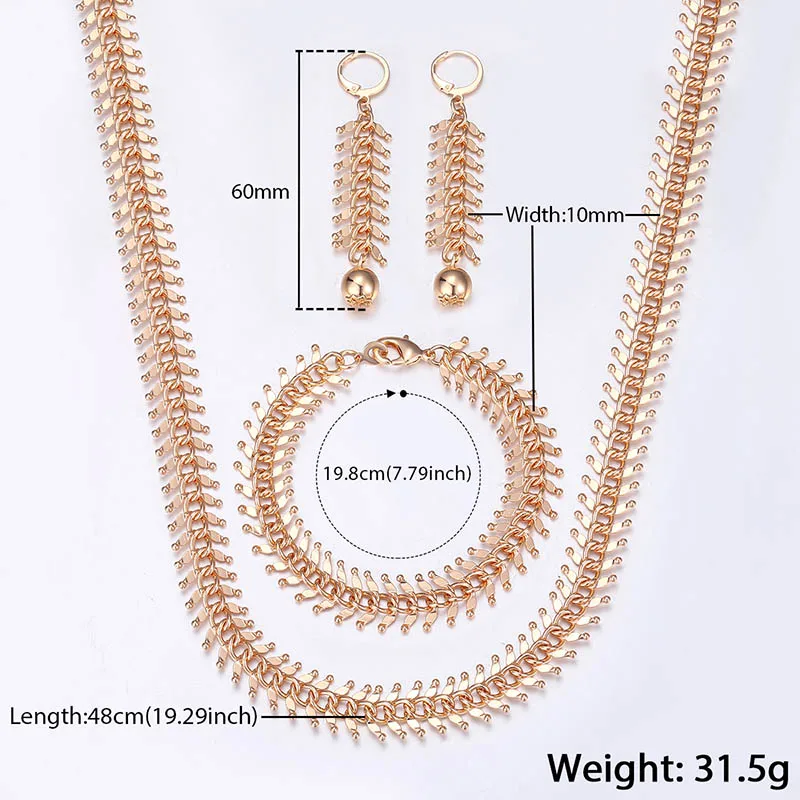 Davieslee Jewelry Set For Women 585 Rose Gold Centipede Link Chain Necklace Bracelet Earrings Woman Dropshipping 10/14mm DCSM01 - Окраска металла: 10mm Width CS06