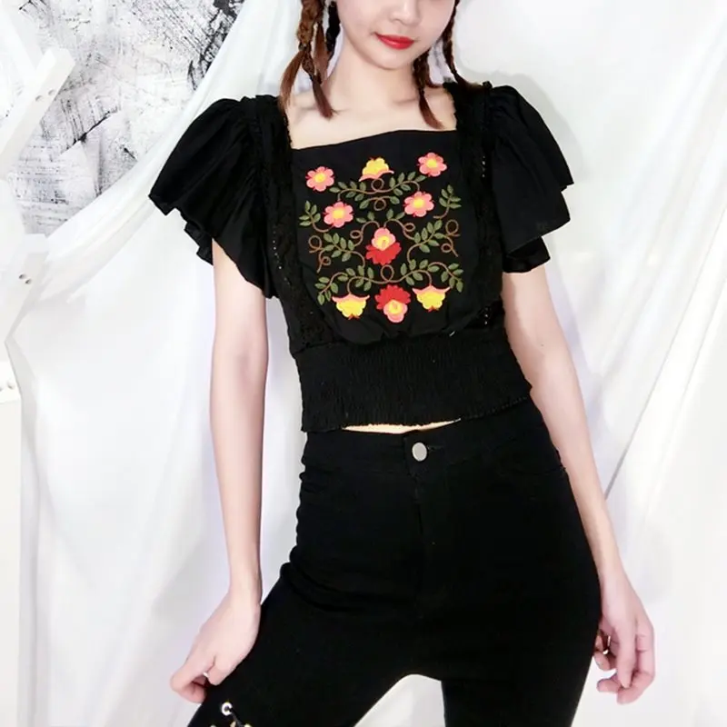 

Summer Elegant Chic Gothic Sweet Simple Gothic Chinese Women Top Tees Slim Floral Embroidery Ruffles Chiffon Female T-shirts