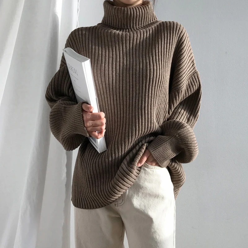 

Loose Turtleneck Thick Women Sweater Autumn Winter Female Knit Sweaters Lantern Sleeve Pullovers Knitted Jumper Woolen Clothes