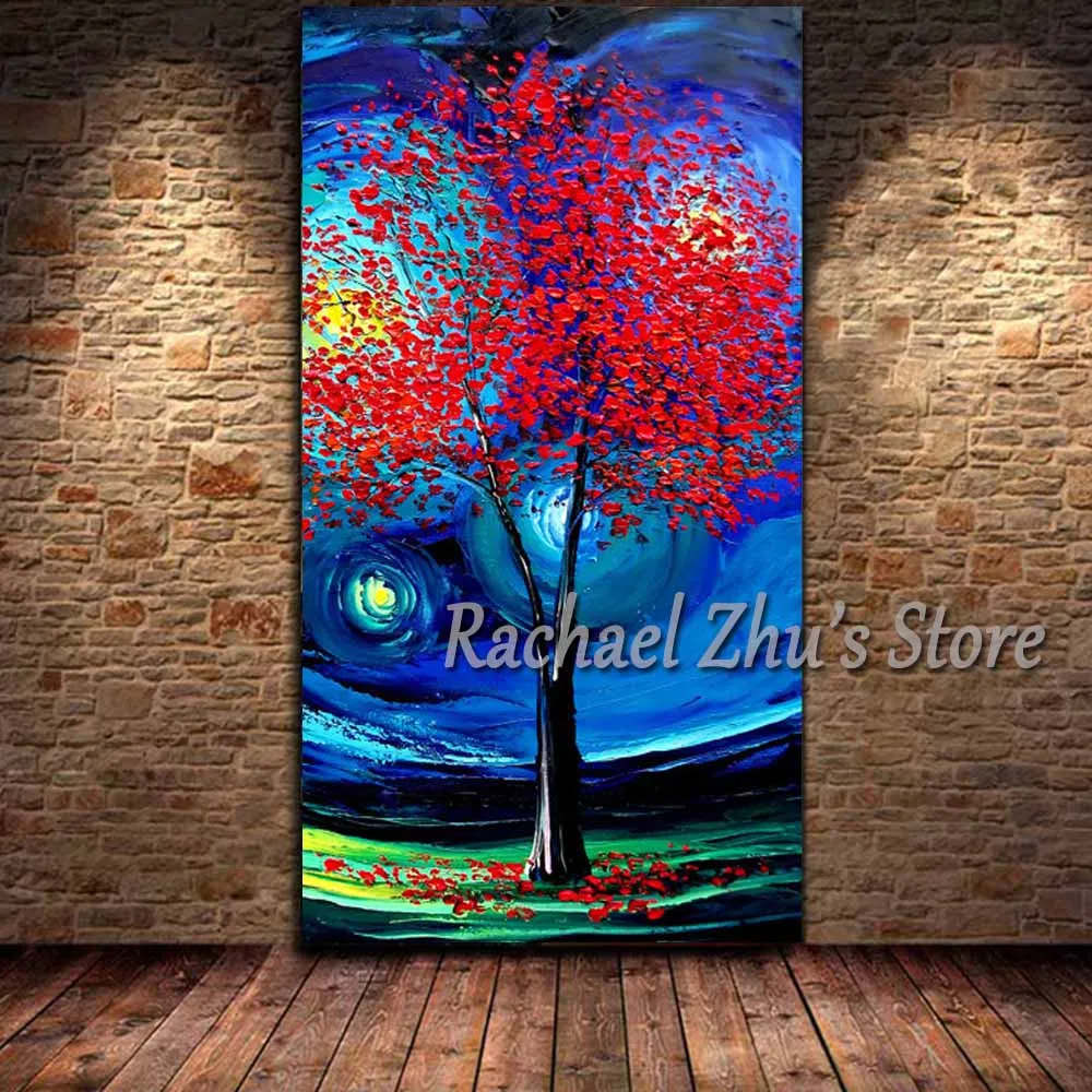 

Hand Painted Abstract Starry Night Red Flower Tree Landscape Oil Painting On Canvas Wall Picture Living Room Home Wall Decor Art