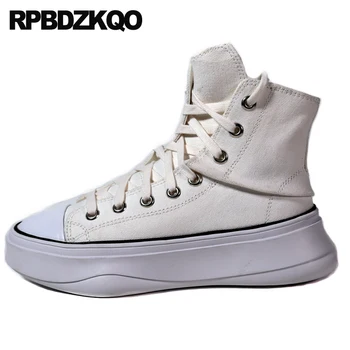 

women breathable white canvas shoes slip resistant muffin lace up high top sneakers trainers creepers flats elevator harajuku