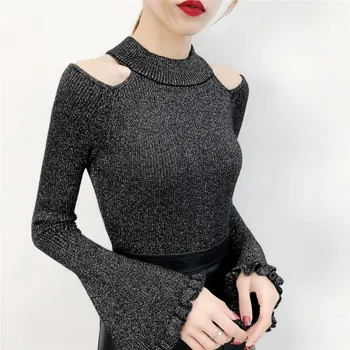

2019 new off-shoulder women sweaters and pullovers sexy slim lady flare sleeved pullovers outwear night club party tops