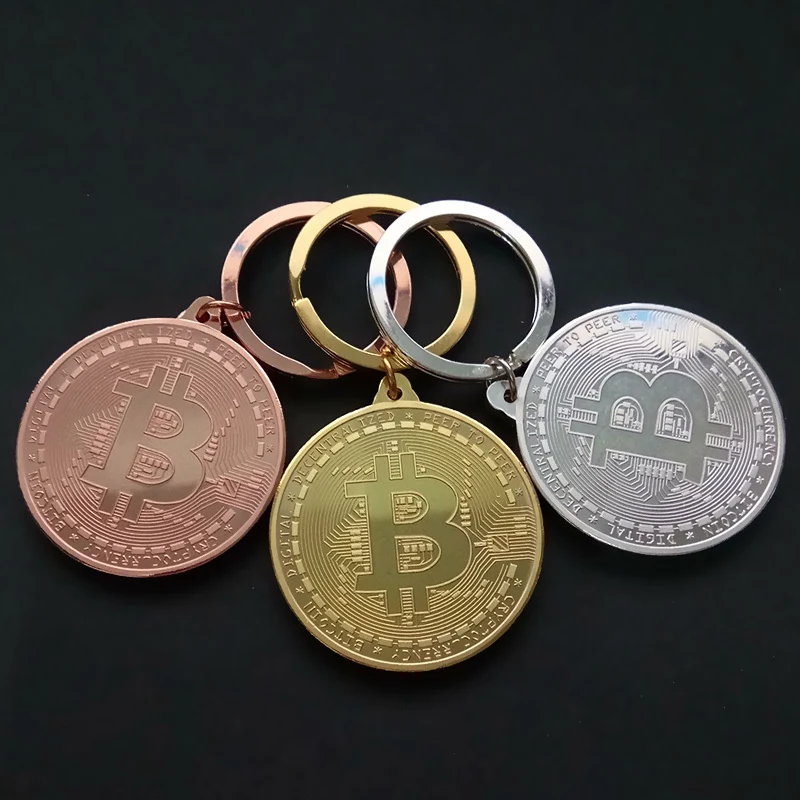 

Promotion Gifts Bitcoin Coin Key Chain BTC Coin Art Collection Gold Silver Rose Gold Plated Coin Design Key Ring For Party Gift