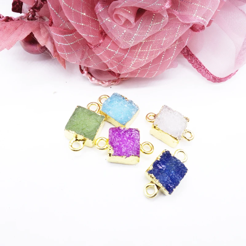 Wholesale 12pcs Natural Mixed Color Gem Stone Ore Crystal Square Charms