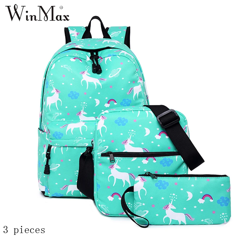 light green Winmax, водонепроницаемый нейлоновый школьный рюкзак для девочек-подростков, женский рюкзак, комплект из 3 предметов, единорог, Mochila Escolar, портфель - Цвет: light green