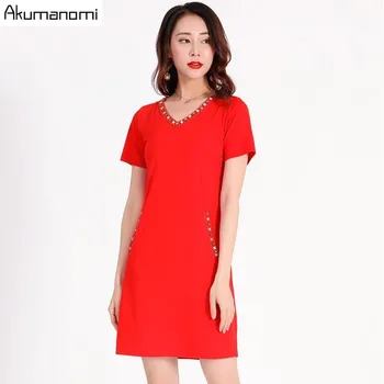 

Summer Dress Women 2019 New Plus Size Black Red Diamonds V-neck Short Sleeve Party Dress Free Shipping Vestidos De Verano Robe