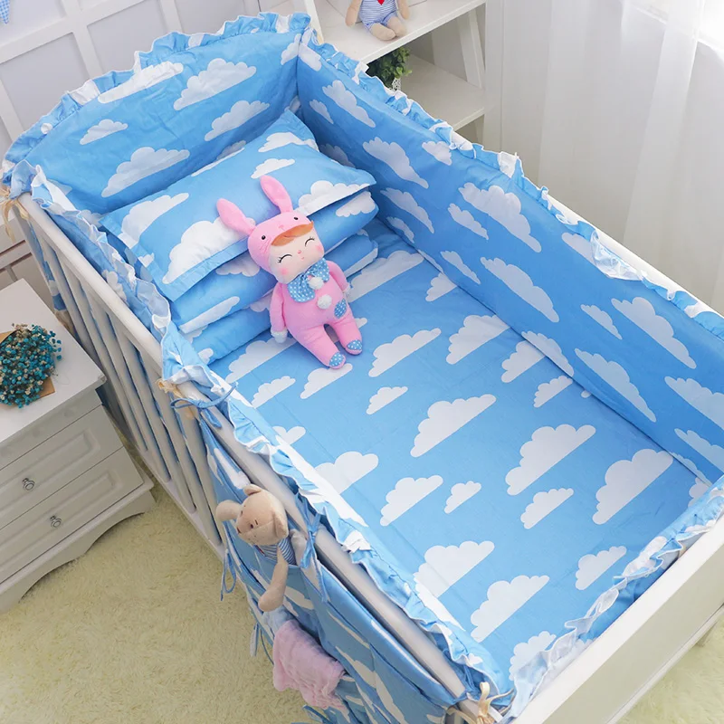 6 шт. постельное белье для новорожденных малышей комплекты, бамперы из хлопка для новорожденных мальчиков и девочек унисекс бортики для кроватки безопасные детские постельные принадлежности+ простыня+ наволочка - Цвет: Blue cloud