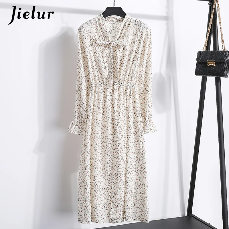 Jielur Long Sleeve Dress Women Spring Autumn Floral Print Chiffon Vestidos Mujer 2018 Vintage Bowtie Ruffles White Dress Elegant