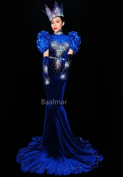 

Sparkly Rhinestones Blue Long Dress Glisten Full Stones Big Floor Tail Dress Nightclub Costume Prom Birthday Celebrate Dresses