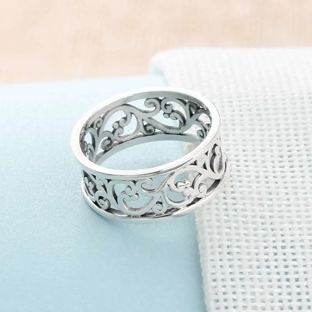 Solid 925 Sterling Silver Female Rings Vine Wave Pattern Vintage Style Rings High Quality Jewelry Sister Gift(JewelOra RI102786)