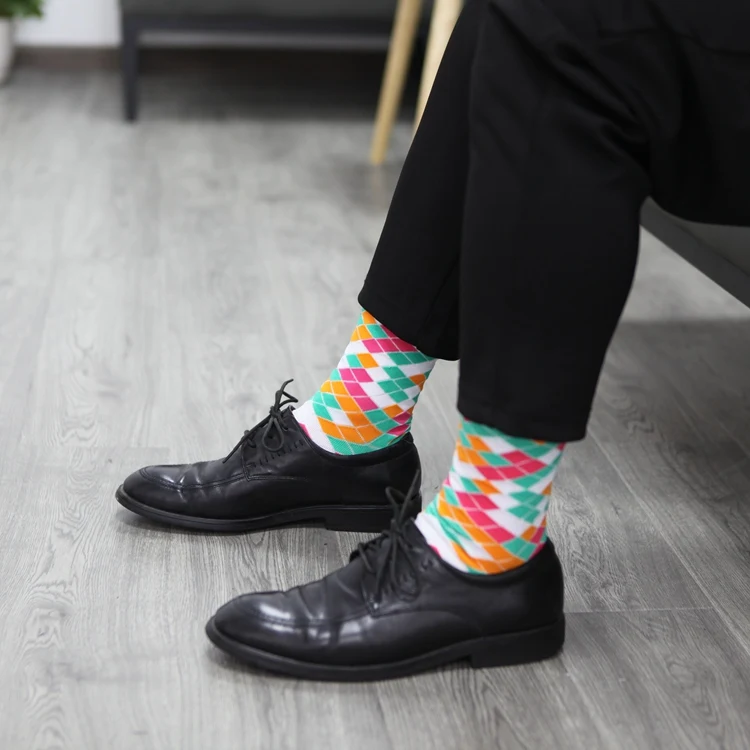 Мужские носки-трубы, Модные Цветные мужские носки, всесезонные носки, комбинированные ромбовидные решетки (5 пар/партия), США 7,5-12