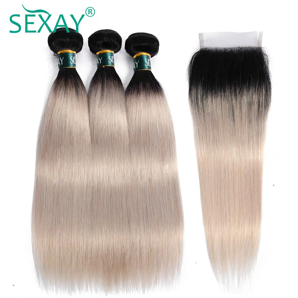 1b Grey Ombre Bundles With Closure Sexay Colored Human Hair Silver