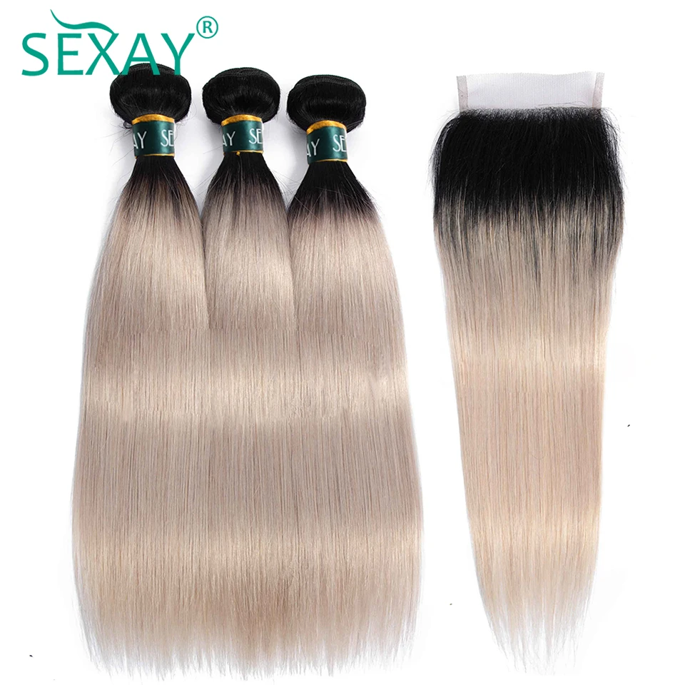 1B/Grey Ombre Bundles With Closure SEXAY Colored Human Hair Silver Grey Brazilian Straight Hair Remy Hair 3 Bundles With Closure