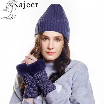 

Wool Knitted Women's Soft Fur Gloves Winter Warm Set 2pc Skullies Set Thick Cotton Beanies Female Knitted Fashion Women Winter