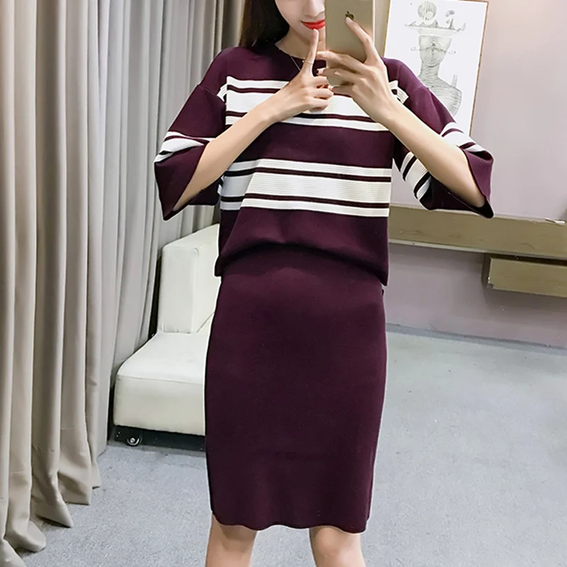 Winter 2 Pieces Sets Knitted Three-quarter Sleeve Sweater Skirt Suit Elastic Waist Skirts & Striped Pullover Women Outfits Mujer