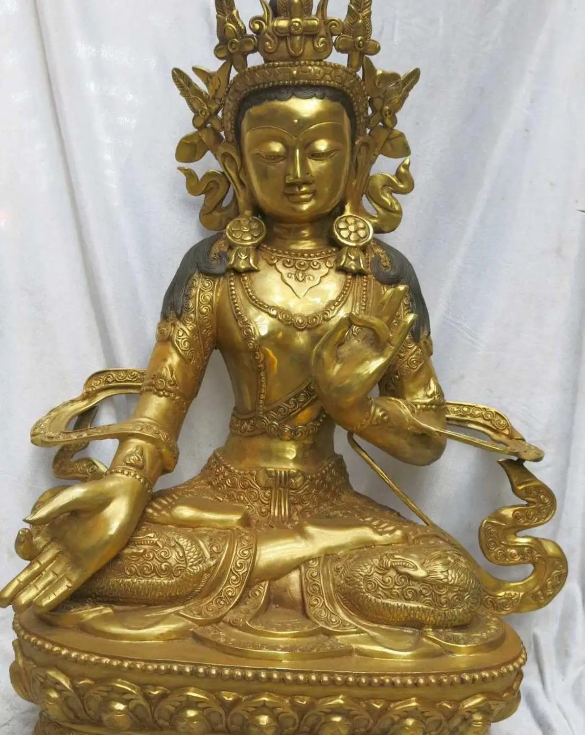 

26" Huge China Tibet bronze gold equisite dragon lotus flower Kwan-yin Statue