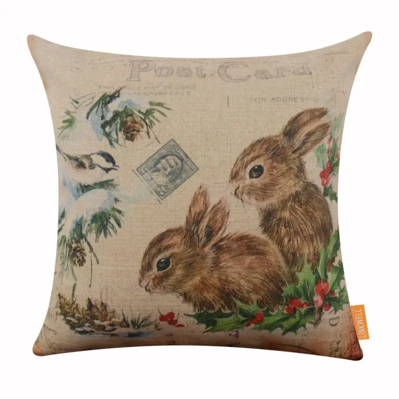 LINKWELL 45x45cm Retro Merry Christmas Happy Rabbit Bunny Carte Postale Season Decor Accent Home Pillowcase Burlap Cushion Cover LINKWELL 45x45cm Retro Merry Christmas Happy Rabbit Bunny Carte Postale Season Decor Accent Home Pillowcase Burlap Cushion Cover