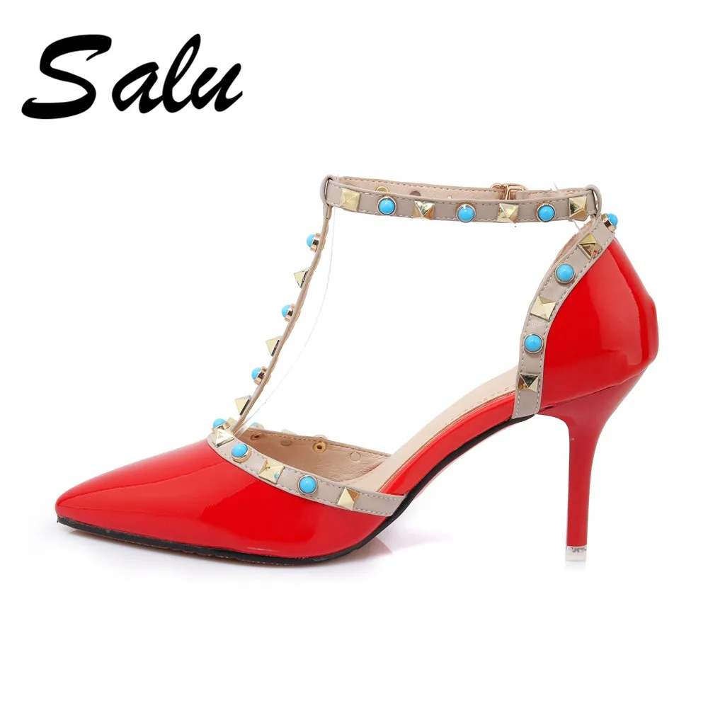 

Salu 2019 Fashion rivet Gladiator Genuine leather Sandals Woman Fringe Heels Sexy Sling Ladies Summer Shoes Wedding Discount