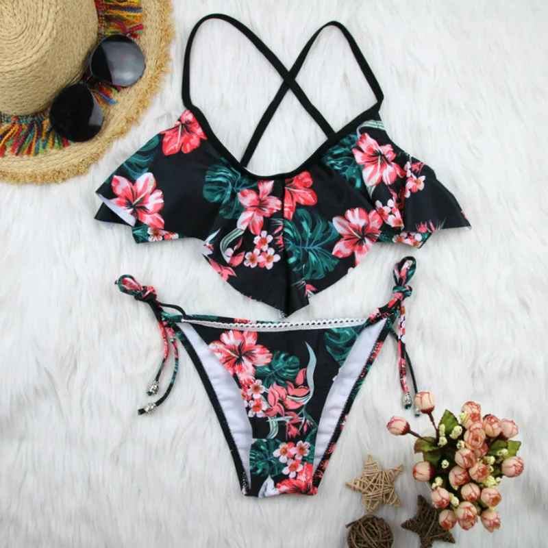 

Women Swimwear Floral Printed Pattern Sling Bikini Briefs Swimsuits for Summer Beach KH889