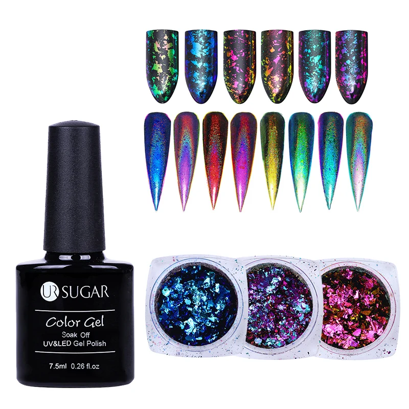 

2Pcs/set Holographic Chameleon Nail Flakies Sequins Nail Art Chrome Pigment Glitter with UR SUGAR Soak Off UV Gel Polish Coat