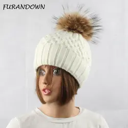 Для женщин меховых помпона шляпа женская зимняя шапка Pearl Beanie Шапки меха кролика смесь трикотажные Кепки s Брендовые женские толстые Кепки