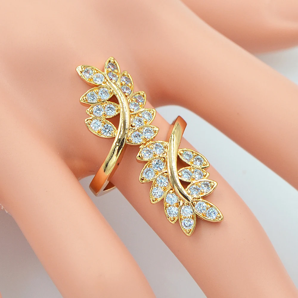 

Classic Gold Color Clear Cubic Zirconia CZ Women Full Finger Leaf Cocktail Ring Jewelry