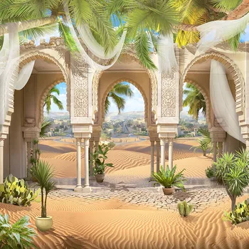 

Desert Landscape Photography Background White Stone Building With Brick Floor Tropical Plants Backdrop For Youtube Videos Props