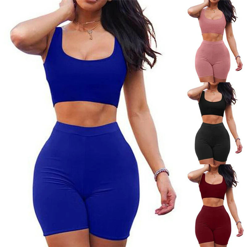 

Women 2 Piece Set CropTop Shorts Bodycon Outfits Sport Workout Tracksuit 2019 Sexy Summer Slim Beach Party Club Clothing