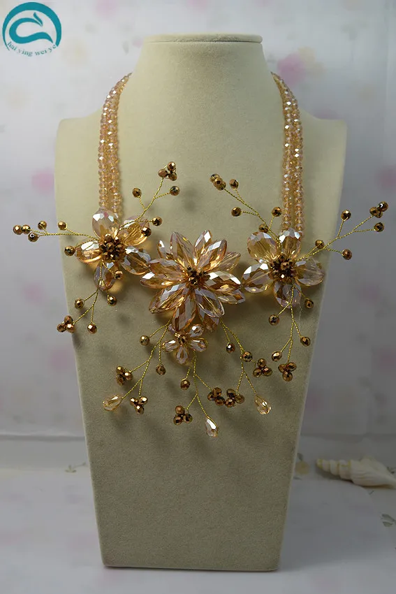 

New Arriver Flower Jewellery 2Rows Champagne Color Crystal Flower Necklace,Handmade Fashion Women Gift Birthday Gift