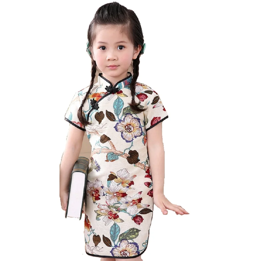 girl baby dresses Rose Floral Baby Girls Qipao Dress Chinese Traditional Chi-pao Fashion New Year Children Dresses Kids Cheongsam Linen Clothes baby girl skirt Dresses