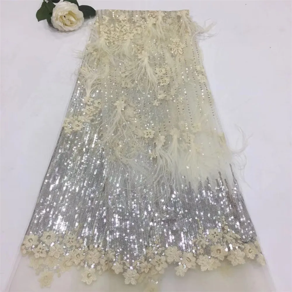 

Gradient Feather Sequined Embroidered Mesh Tulle Lace Fabric African French Wedding Dresses Laces High Quality Sequins Fabrics