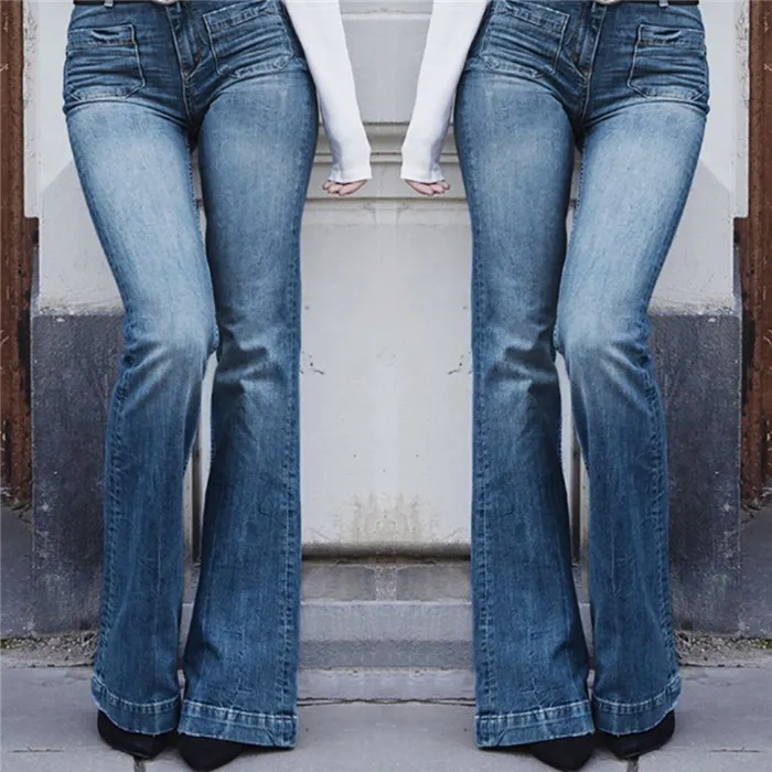 Для женщин осень эластичный плюс свободные джинсовые карман повседневное загрузки вырезать джинсы для Flare штаны с высокой талией уличная