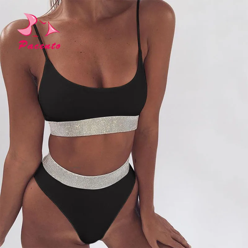 

Pacento Sequins Bikinis Set Push Up Shiny Swimsuit Women High Waist Solid Black Biquini Cintura Alta Summer Bathers Plavky Mayo