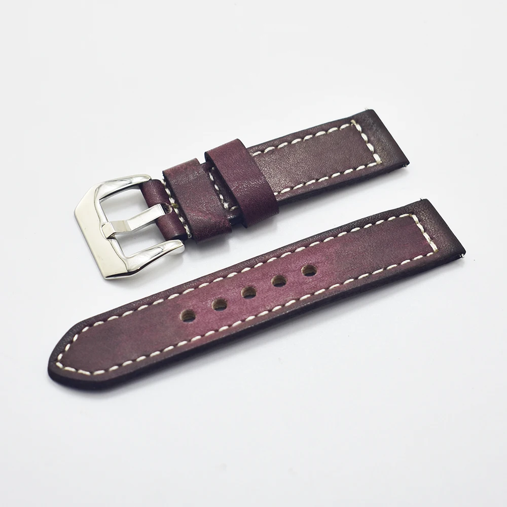 Handmade Vintage Wine Red Genuine Leather Strap Watch Band 20mm 22mm 24mm Bracelet Wrist Belt Watchband Classic Metal Buckle