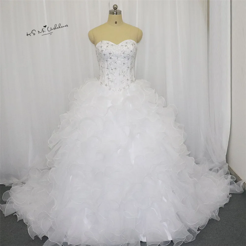

White Bead Puffy Wedding Dresses Organza Ruffles Ball Gown Bride Dress 2018 Court Train Wedding Gowns Sweetheart Robe de Mariage