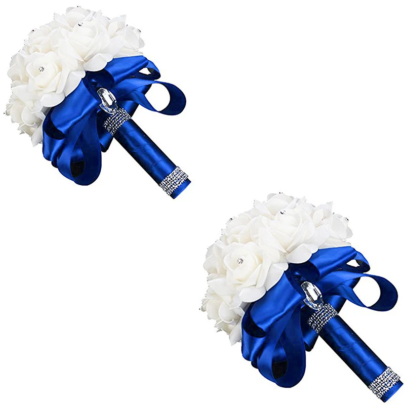 Ручной Работы Тиффани синий свадебный цветок Свадебный букет Искусственный цветок «Роза» лента хрустальные букеты de noiva Beau - Цвет: 2 Royal blue