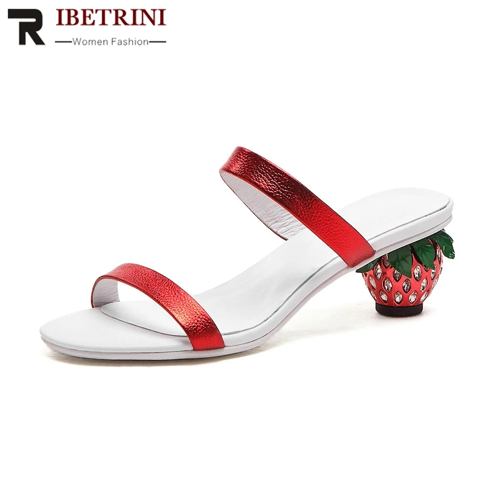 

RIBETRINI New Fashion women's Genuine Leather Strawberry Ladies High Heels Mules Shoes Woman Casual Outside Summer Slippers