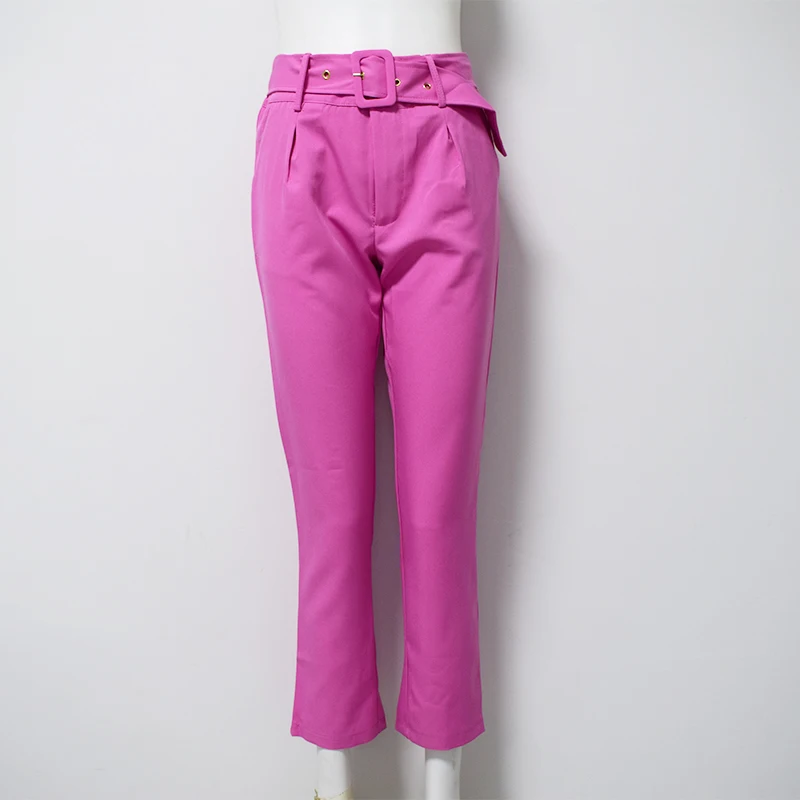 Брюки с высокой талией с поясом, женские брюки размера плюс, летние брюки, белые панталоны, женские повседневные штаны, Капри, осенняя уличная одежда - Цвет: Розовый