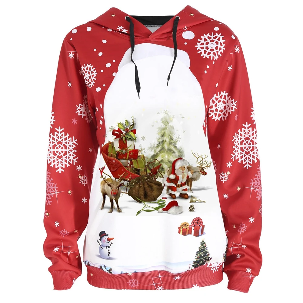 Christmas Hoodies Plus Size Autumn Winter Snowman Elk Santa Claus Print ...