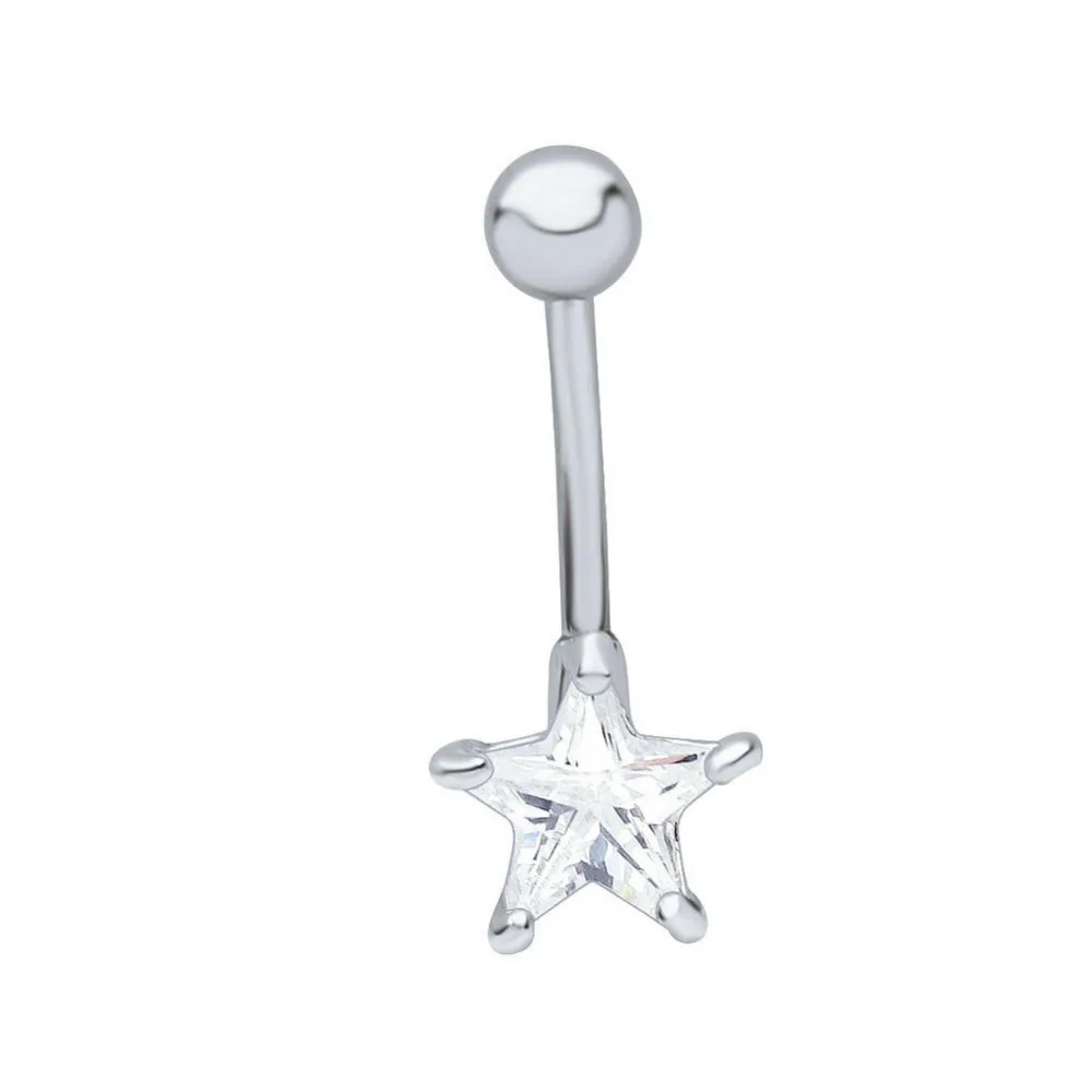 Silver Crystal Rhinestone Jeweled Dangle Star Surgical Steel Belly Navel Ring Barbell Piercing