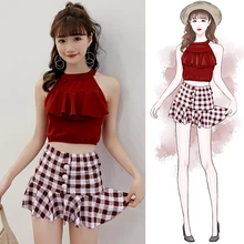 Для женщин сексуальный купальный костюм с высокой шеей Двойка Плавание костюм отдельные ванный комплект с оборками с высокой талией плавательный костюм новая пляжная одежда для девочки