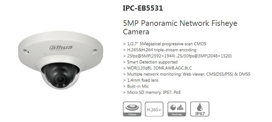 Dahua 5MP ip-камера IPC-EB5531 панорамная сетевая ip-камера рыбий глаз H.265 1,4 мм объектив Встроенный микрофон Micro SD карта IP67 PoE WDR