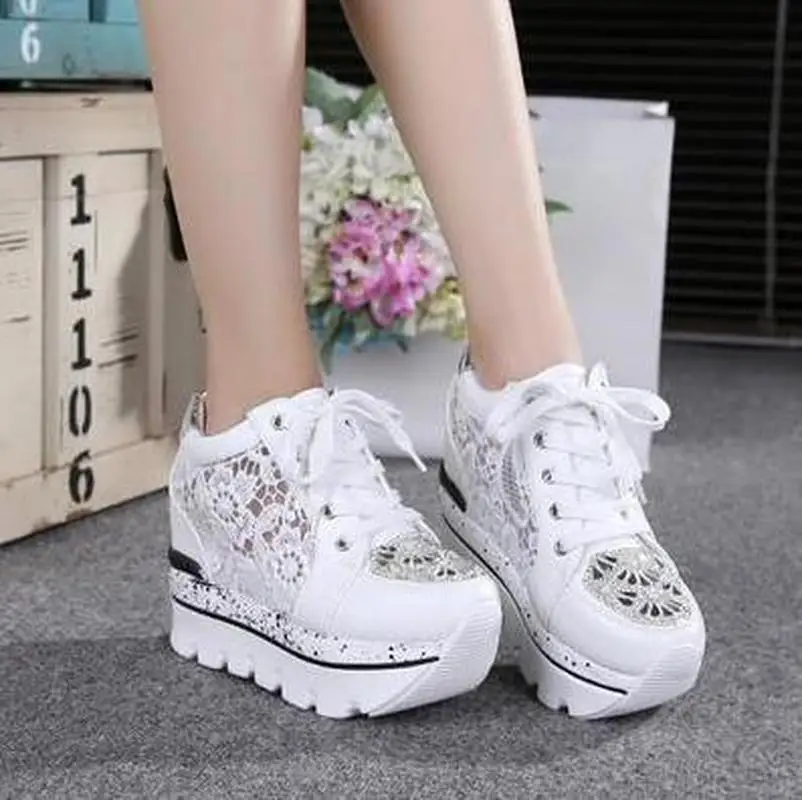 

Womens Summer Lace Rhinestones Hollow Platform Sneakers Wedge Hidden Heel Shoes Super High 10cm White Sliver A57