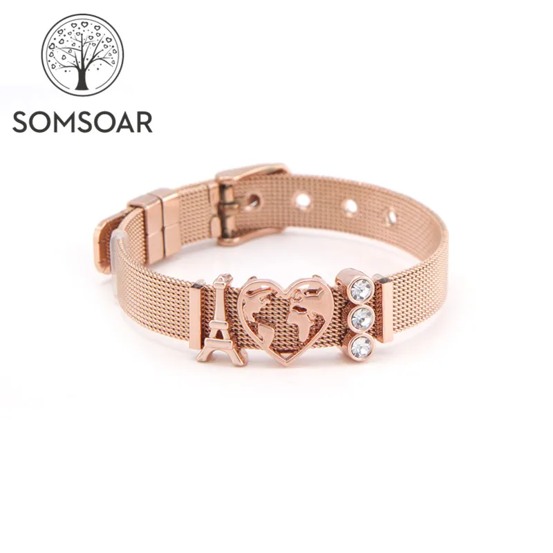 

Drop shipping Somsoar Jewelry Rose Gold Slide Charm Mesh Bracelet Set Stainless steel Bangle for Women