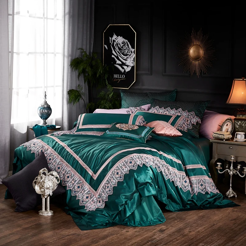 

Luxury Green Blue Silk Cotton Lace European Style Palace Bedding Set Duvet Cover 100S Egyptian cotton Bed Sheet Pillowcases 5pcs