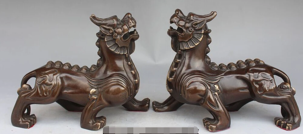 

8"Chinese Pure Bronze Dragon Beast Kylin Kirin Unicorn Pixiu Pi Xiu Pair Statue S0708 B0403