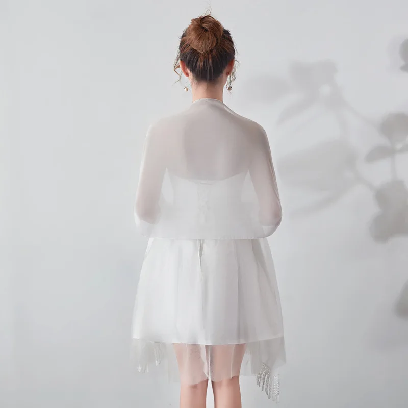 Long Chiffon Bolero Stole Lace Appliques Beaded Evening Dresses Wedding Shawls Wraps With Tassel Bridal Capes Party Ladies Scarf