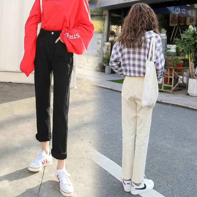 S-XL 2 цвета 2019 весна корейский шик стиль Высокая талия Свободные женские джинсы прямые бежевый черный джинсовые штаны женские (C9515)