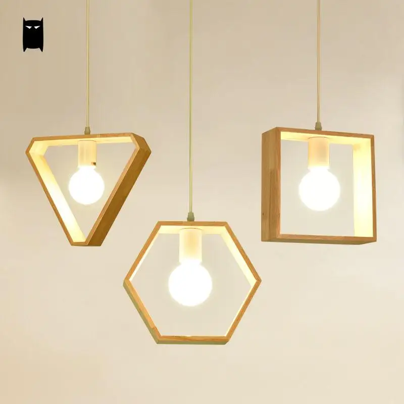 Oak Wood Geometry Pendant Light Cord Fixture Nordic Loft Minimalist Simple Hanging Ceiling Lamp